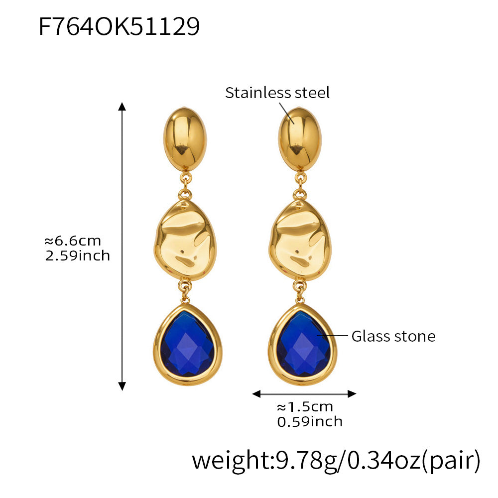 Product measurements for the sapphire blue 18K PVD gold plated hypoallergenic dangle earrings.