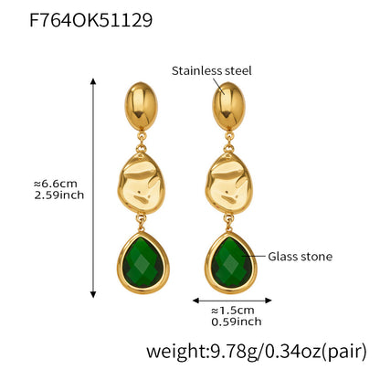 water drop czech glass drop earrings gold green, stainless steel 18k gold plated earring, size 6.6cm weight 9.78g