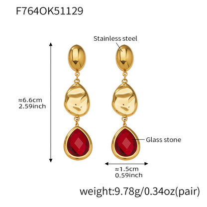 water drop czech glass drop earrings gold red, stainless steel 18k gold plated earring, size 6.6cm weight 9.78g