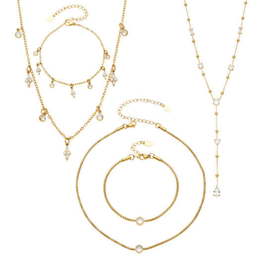 Zircon drop necklace and bracelet collection in gold and silver stainless steel styles for boutique wholesale jewelry