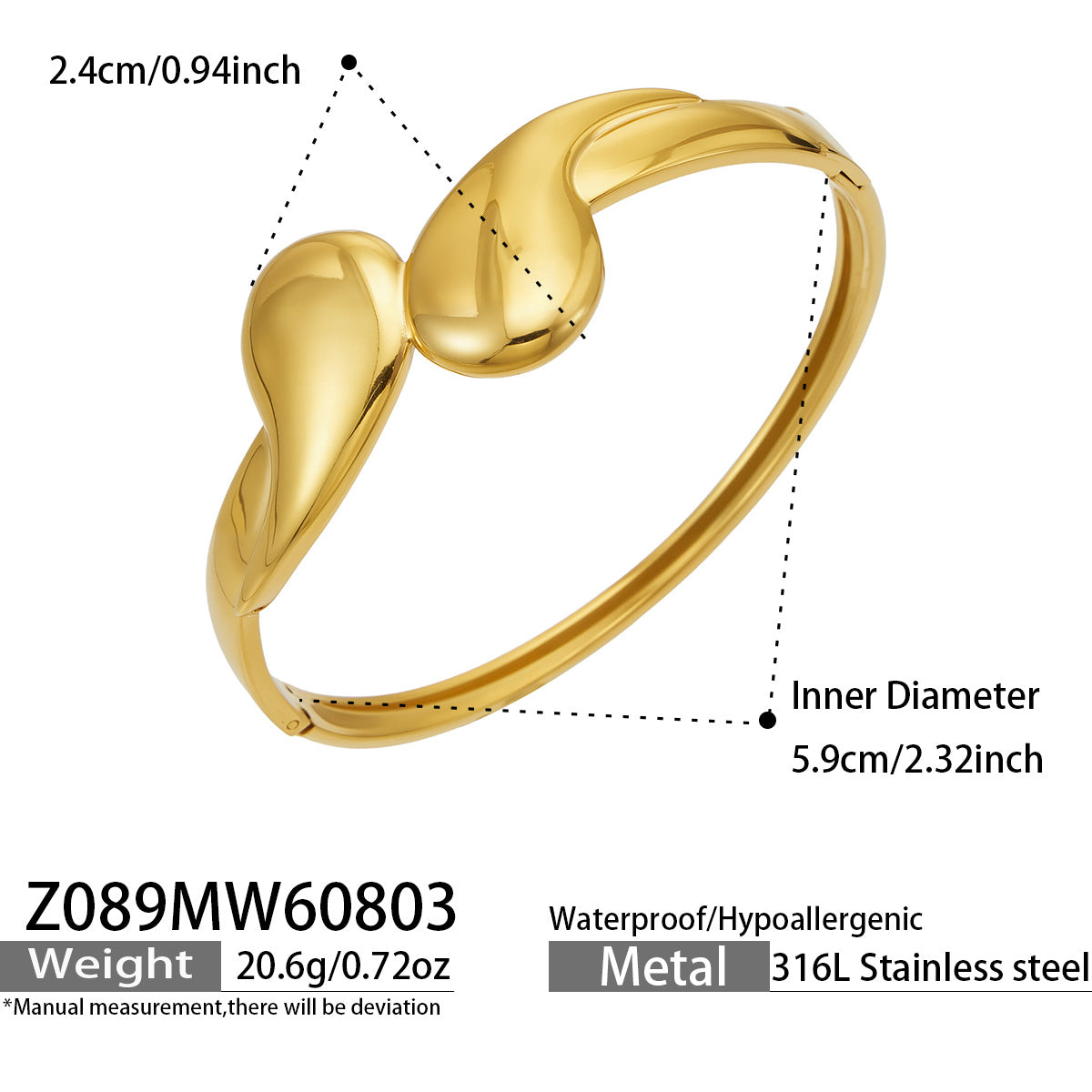 Glistening 316L Stainless Steel Waterdrop Bangle in Gold Color