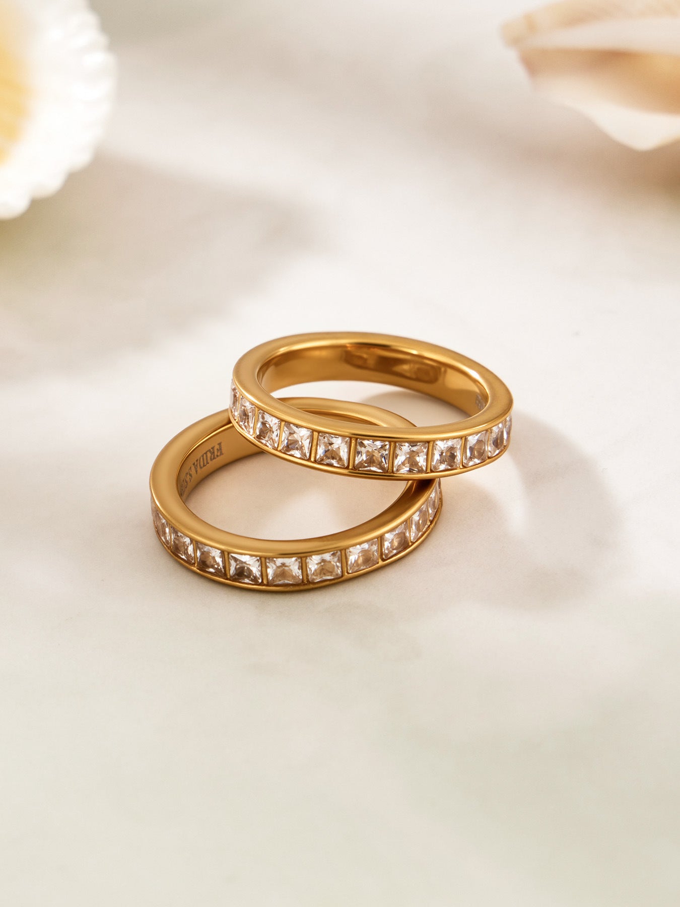 Waterproof stainless steel zircon ring with tarnish resistant 18K PVD gold coating