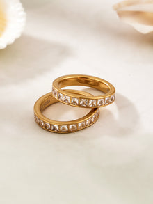 Waterproof stainless steel zircon ring with tarnish resistant 18K PVD gold coating