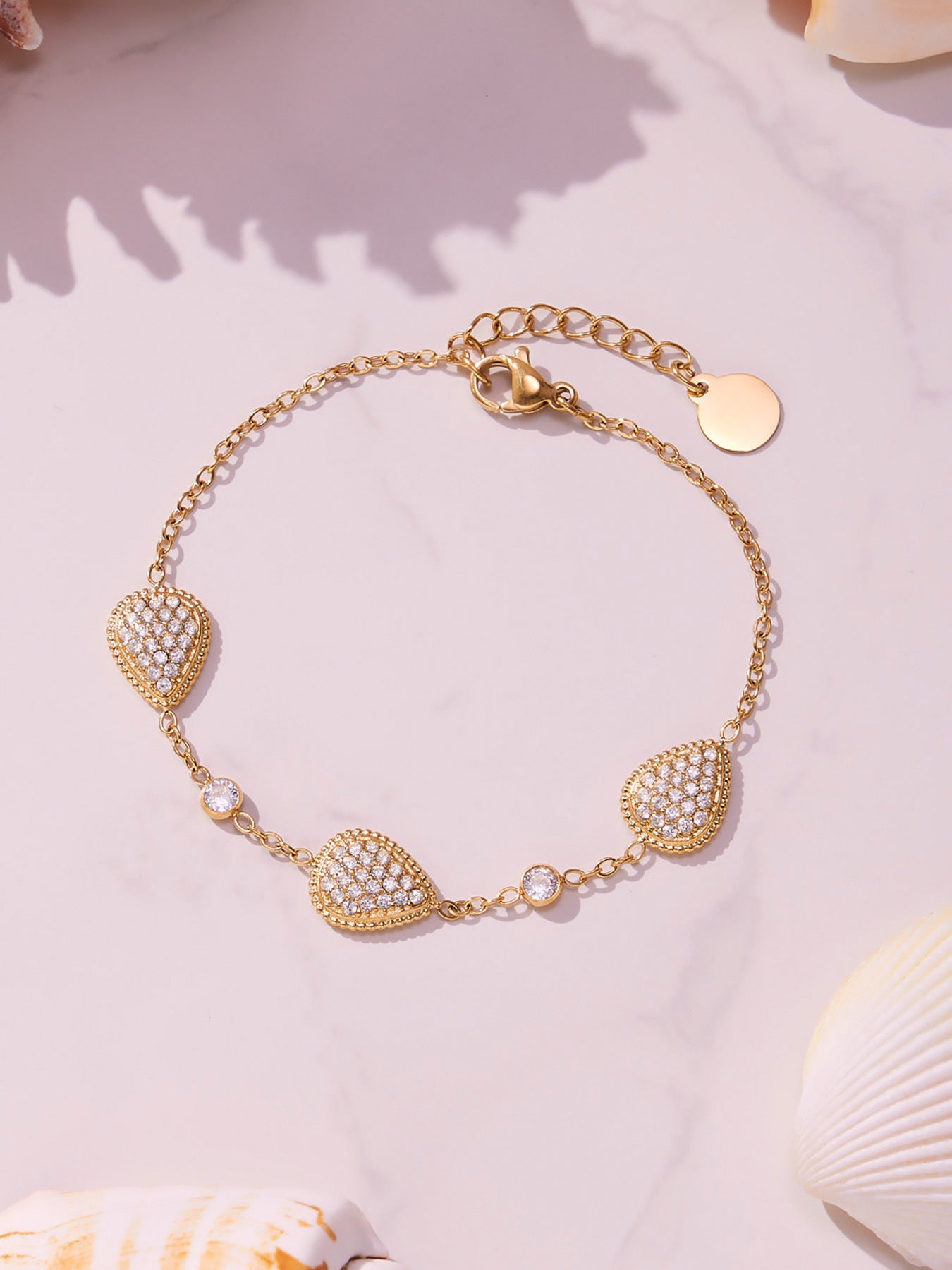 Close-up of waterproof zircon waterdrop charm bracelet, 316L stainless steel with PVD gold plating