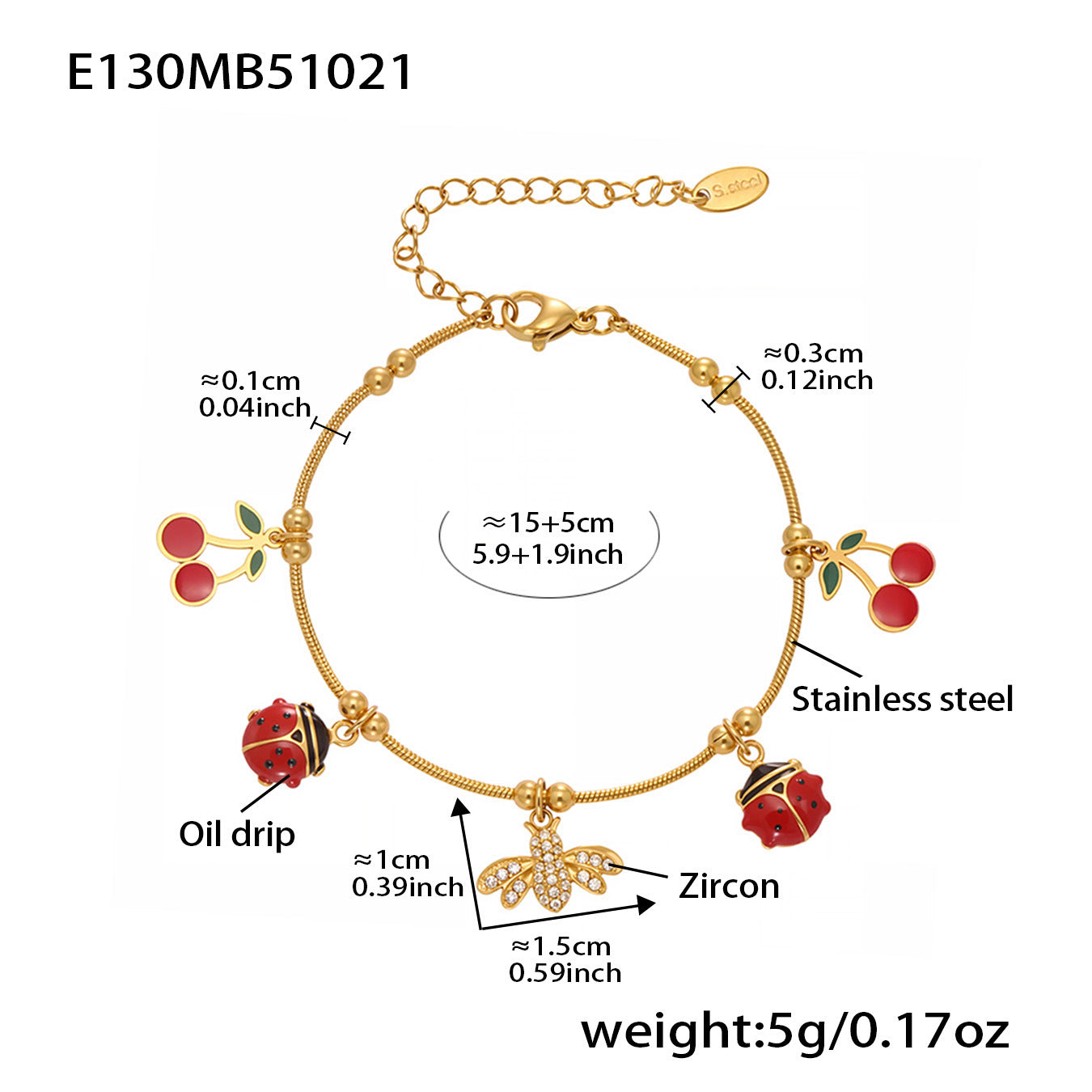 Single waterproof zircon waterdrop charm bracelet, 316L stainless steel jewelry wholesale