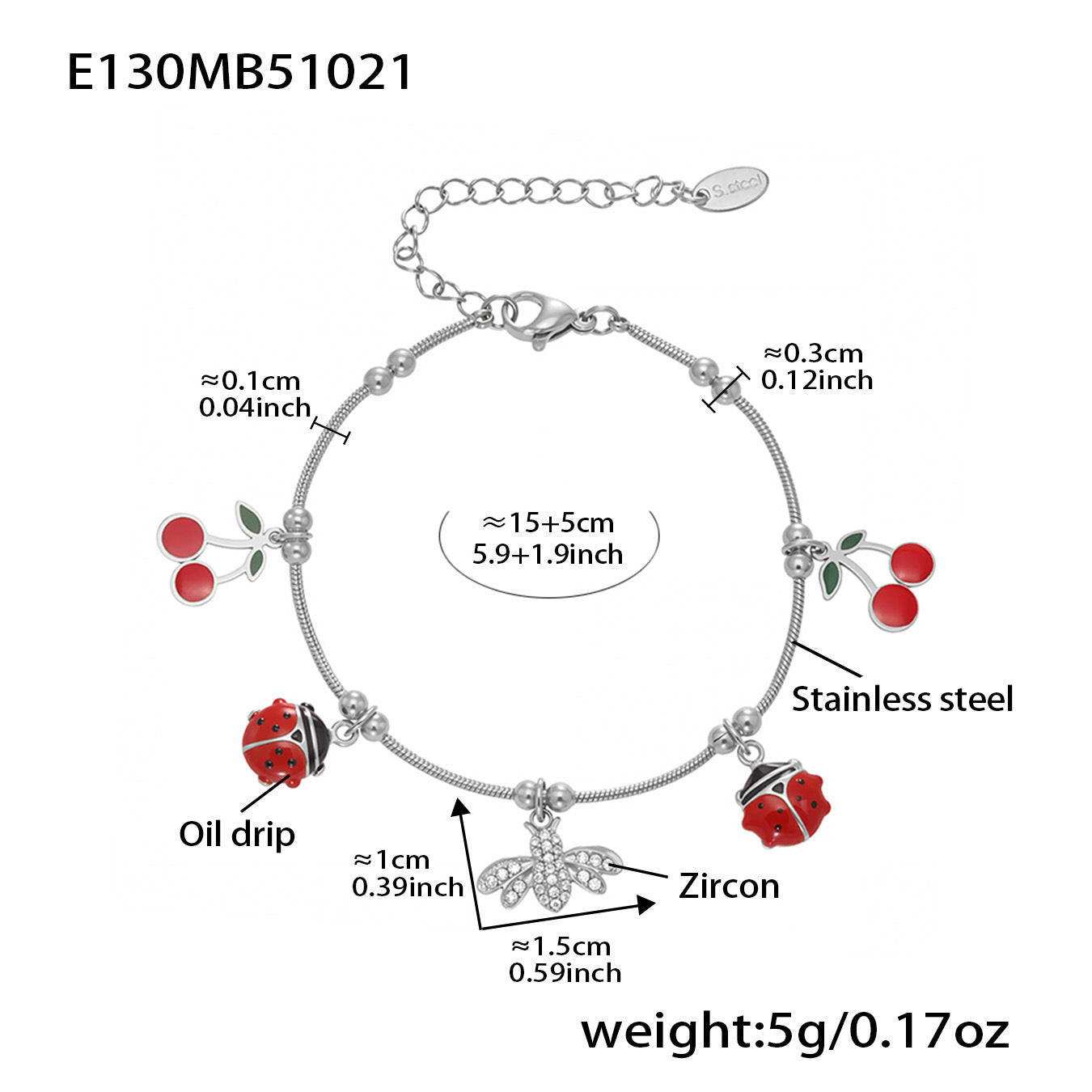 Single waterproof zircon waterdrop charm bracelet, 316L stainless steel for sensitive skin