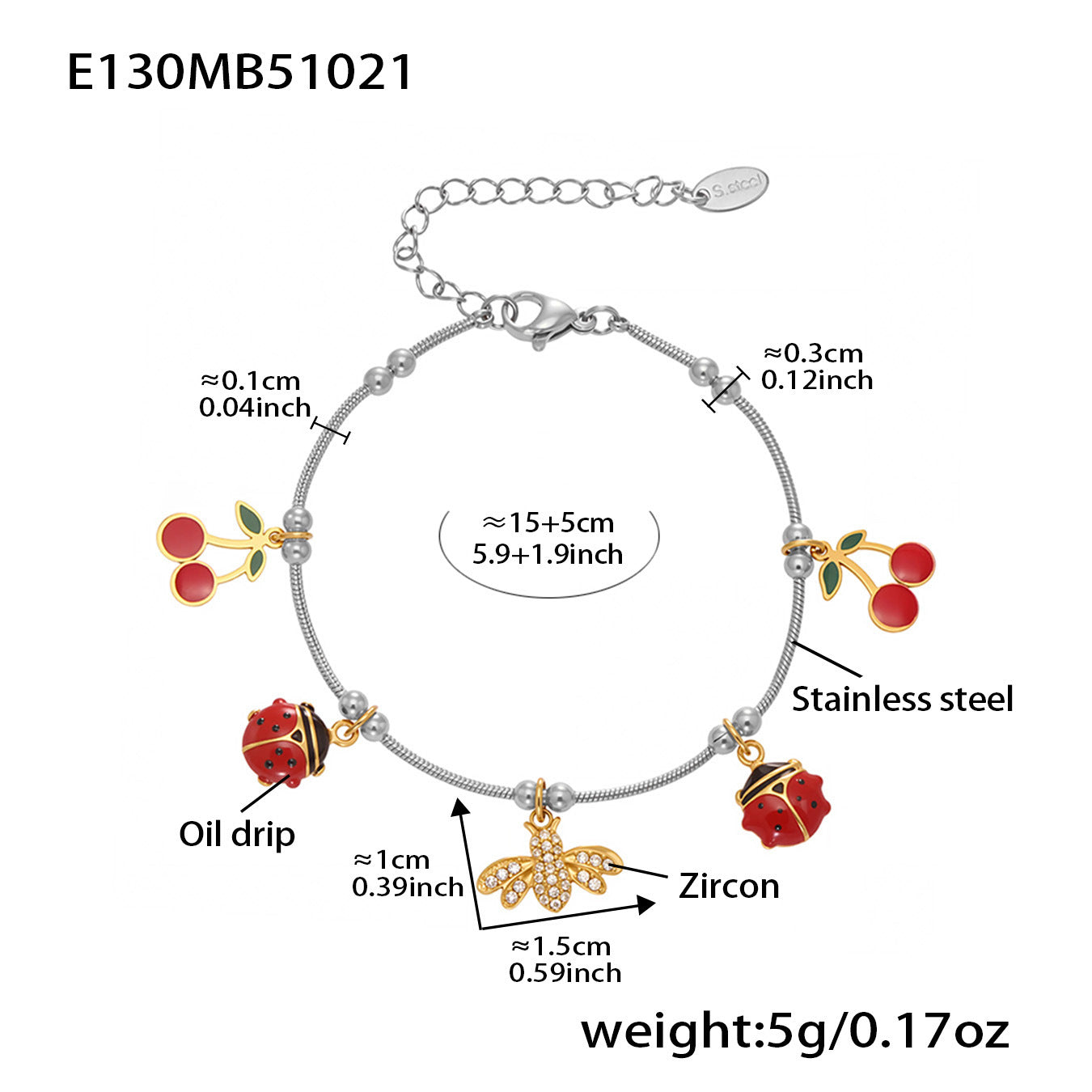 Single waterproof zircon waterdrop charm bracelet, 316L stainless steel wholesale