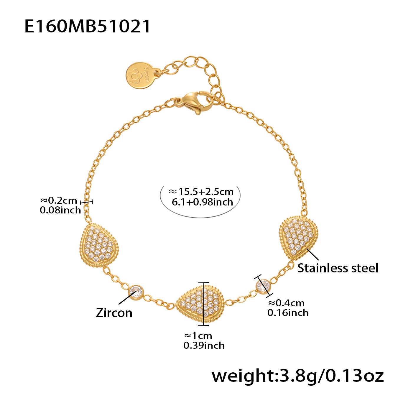 Single waterproof zircon waterdrop charm bracelet, 316L stainless steel jewelry
