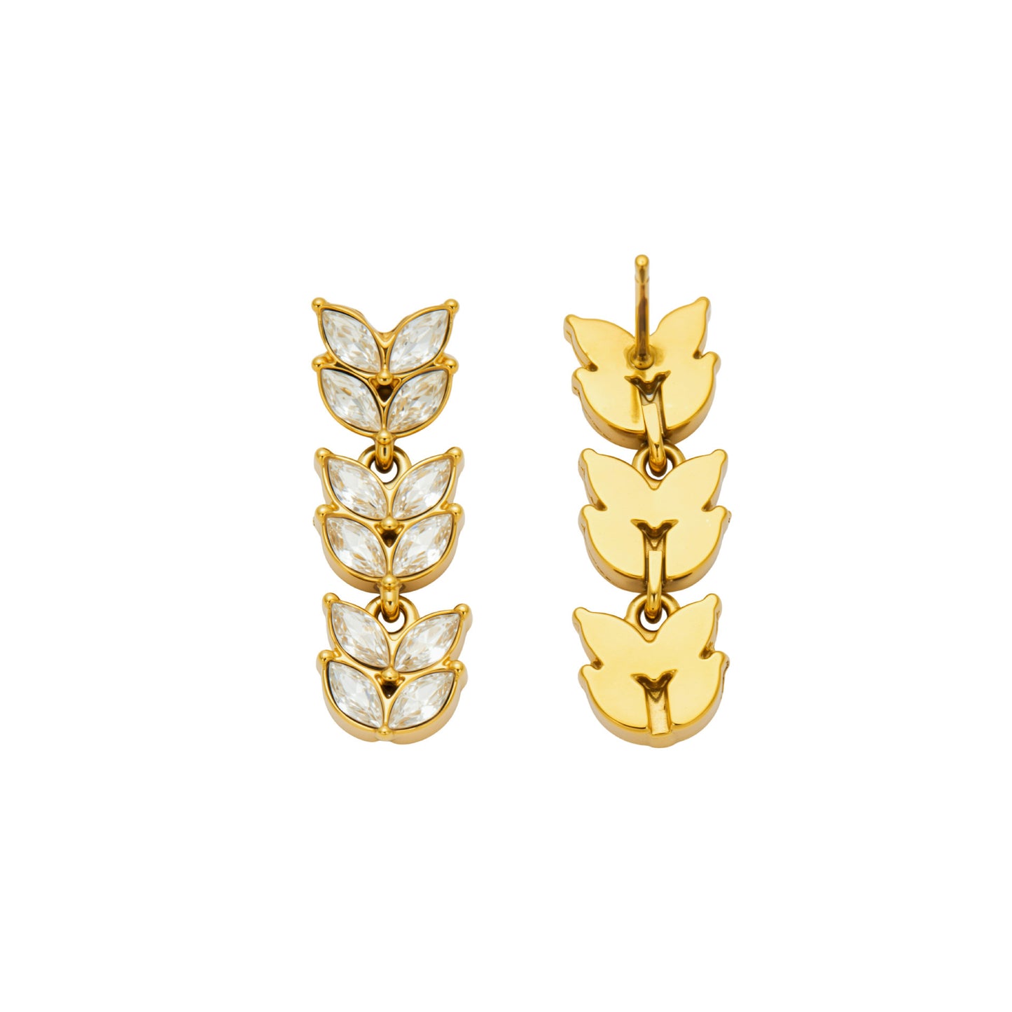 Gold wheat motif cubic zirconia drop earrings in 316L stainless steel