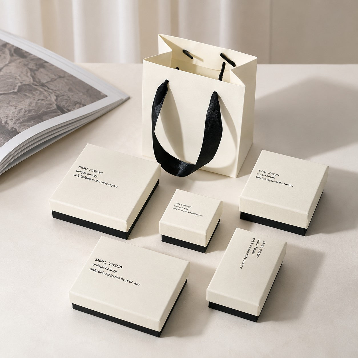 White and black jewelry boxes with matching gift bag for wholesale jewelry packaging