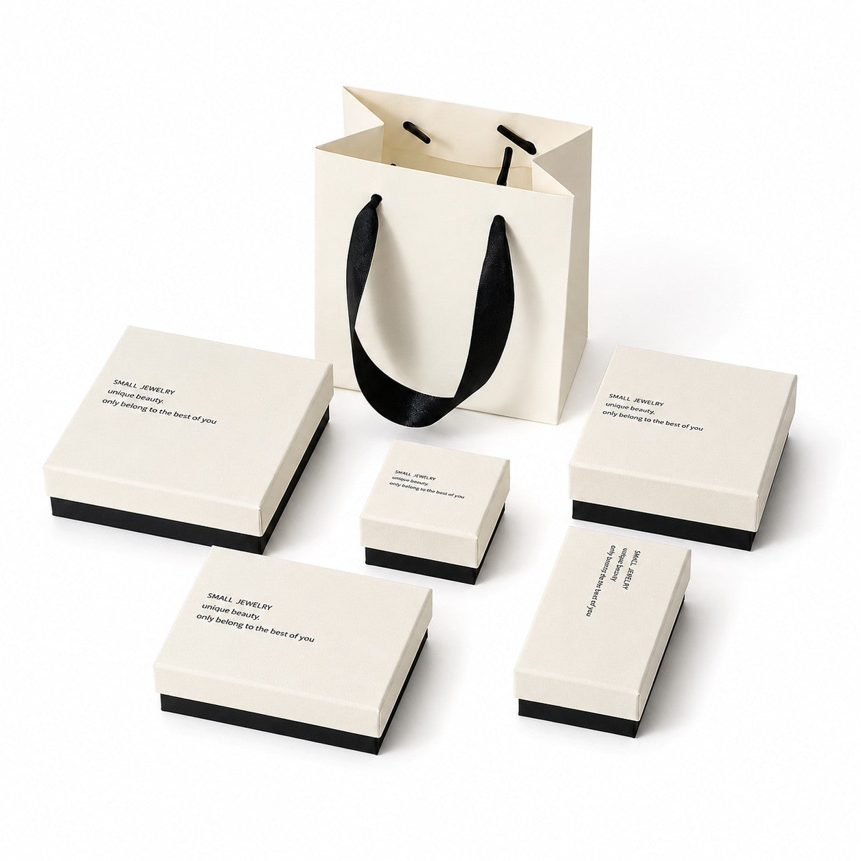 White and black jewelry packaging boxes in multiple sizes for rings earrings bracelets and necklaces