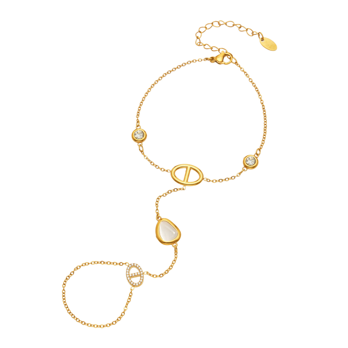 Gold-tone 316L stainless steel double-finger hand chain bracelet with white cat eye stones