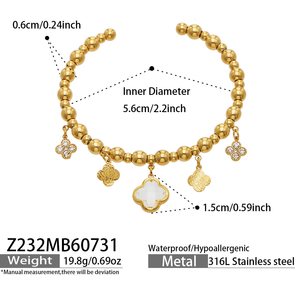 White four-leaf clover charm bracelet length, charm dimensions and specification guide