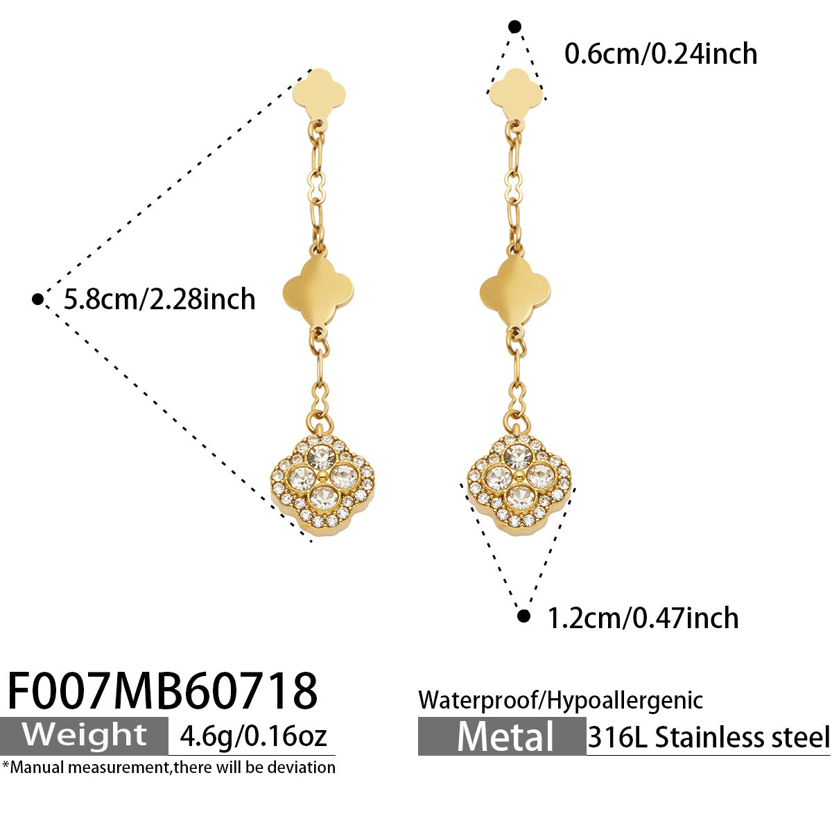 Size specifications for white crystal clover drop earrings with an 18K PVD gold finish