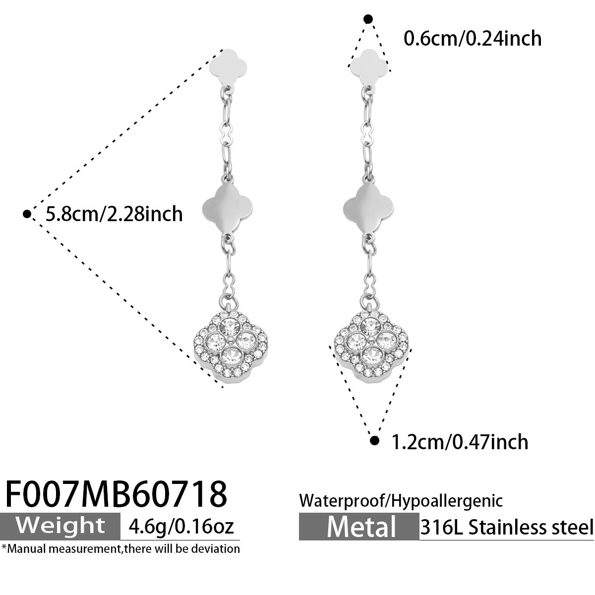 Product size details for steel-tone clover drop earrings with white crystals
