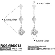 Product size details for steel-tone clover drop earrings with white crystals