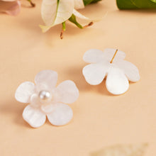 Back view of white flower stud earrings with post back closure