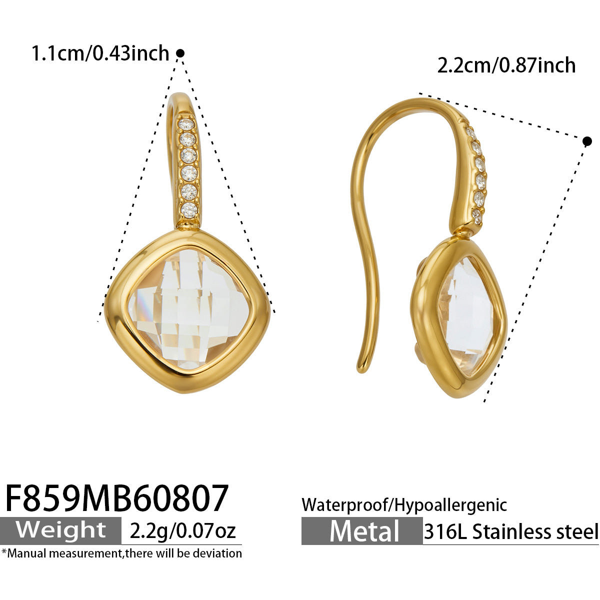 White glass stone drop earrings size and product detail guide