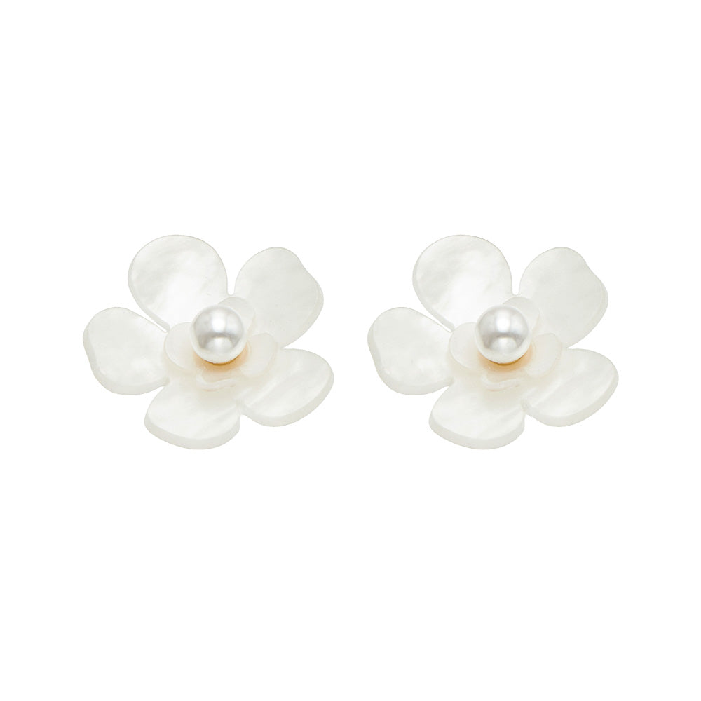 White pearl flower stud earrings with 316L stainless steel post