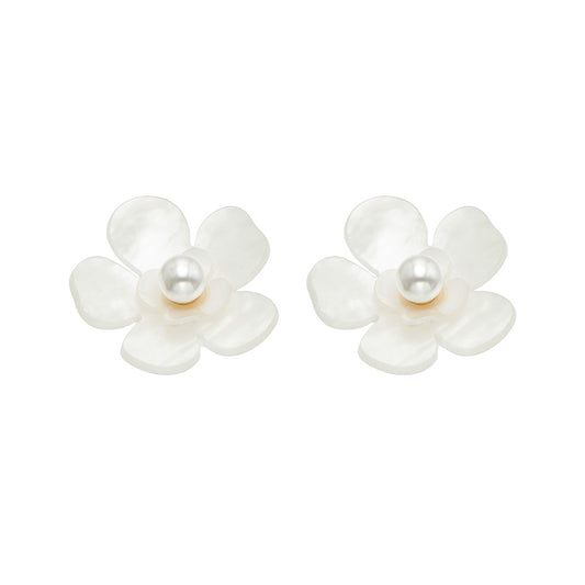 White pearl flower stud earrings with 316L stainless steel post