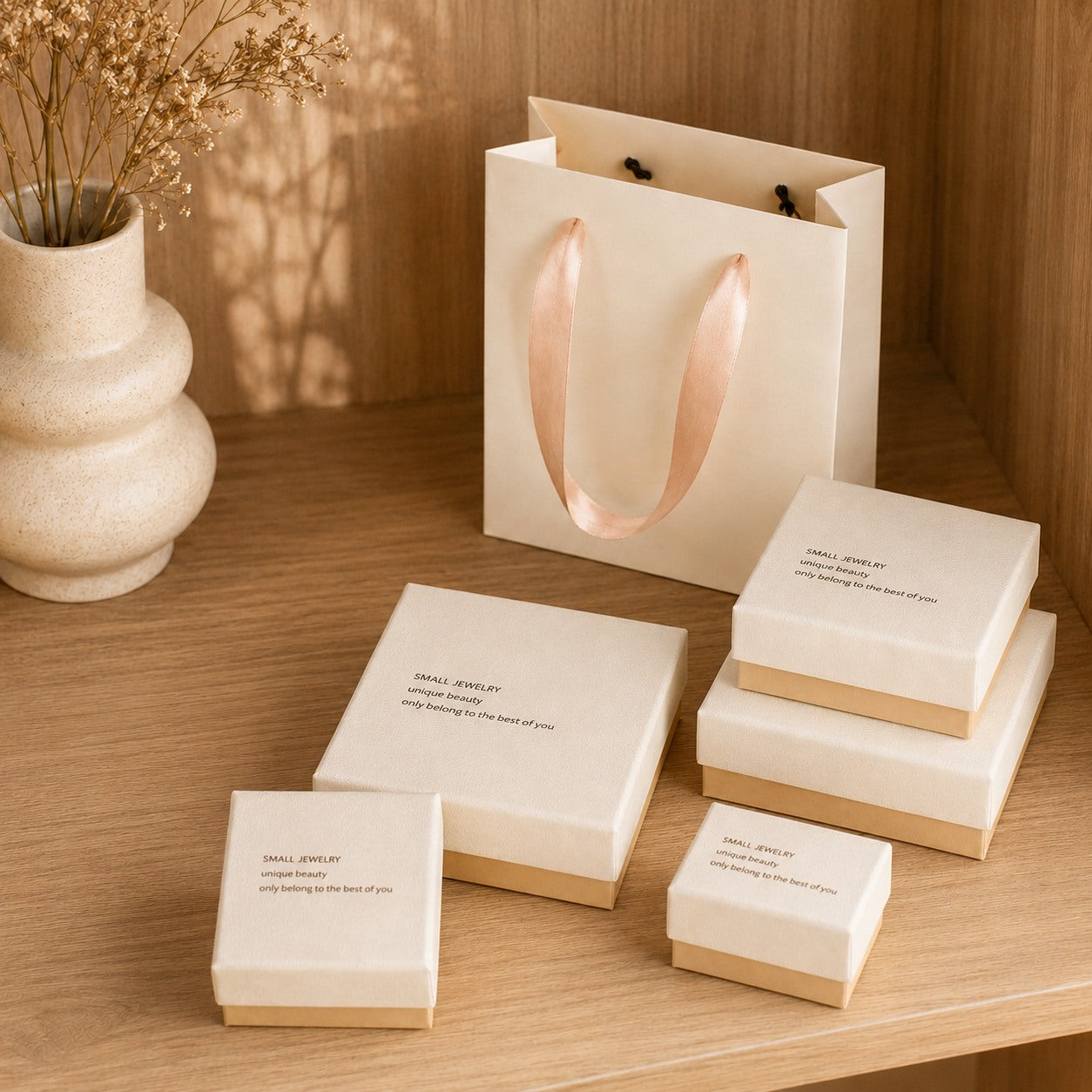 White and pink jewelry boxes with matching gift bag styled on a warm wooden shelf for boutique packaging