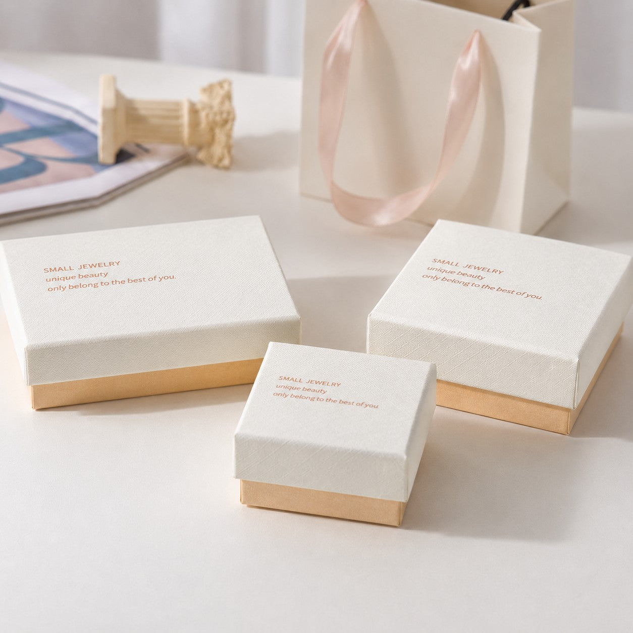 White and pink jewelry packaging set with coordinated boxes for boutiques jewelry brands and online sellers