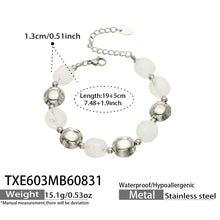 Specification card for a white resin bead bracelet with stainless steel accent beads.