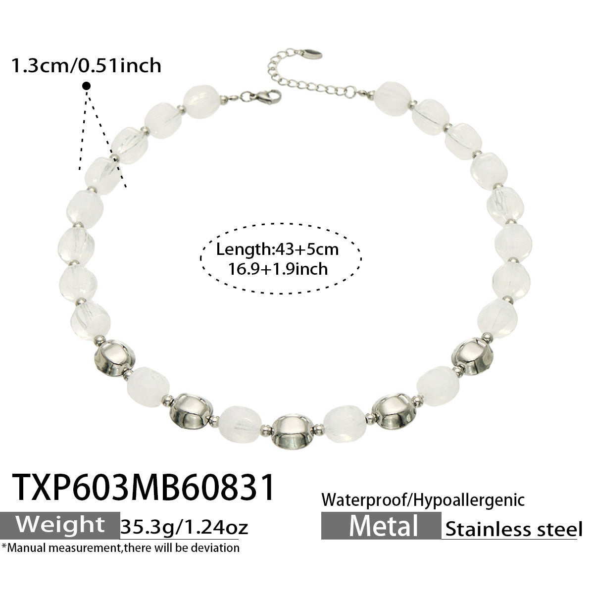 Specification card for a white resin bead necklace with stainless steel accent beads.