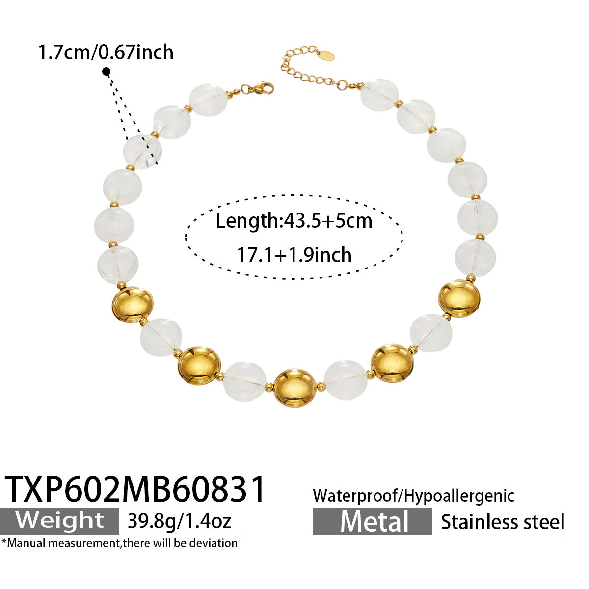White resin bead necklace with gold-tone accents, product detail sheet with size and style information.