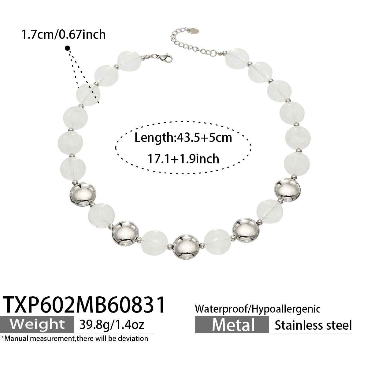 White resin bead necklace with steel-tone accents, product detail sheet with size and style information.