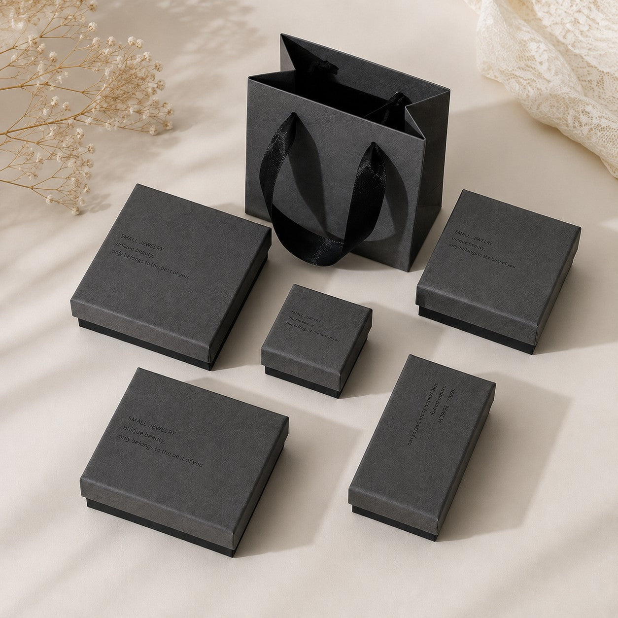 Wholesale charcoal gray jewelry boxes in assorted sizes with coordinated packaging design