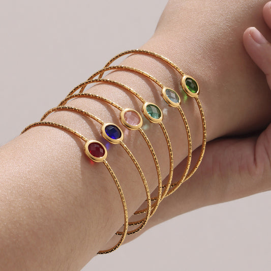 Stackable 18K gold plated stainless steel bangles with round faceted Czech glass stones, stylish wrist jewelry for daily wear
