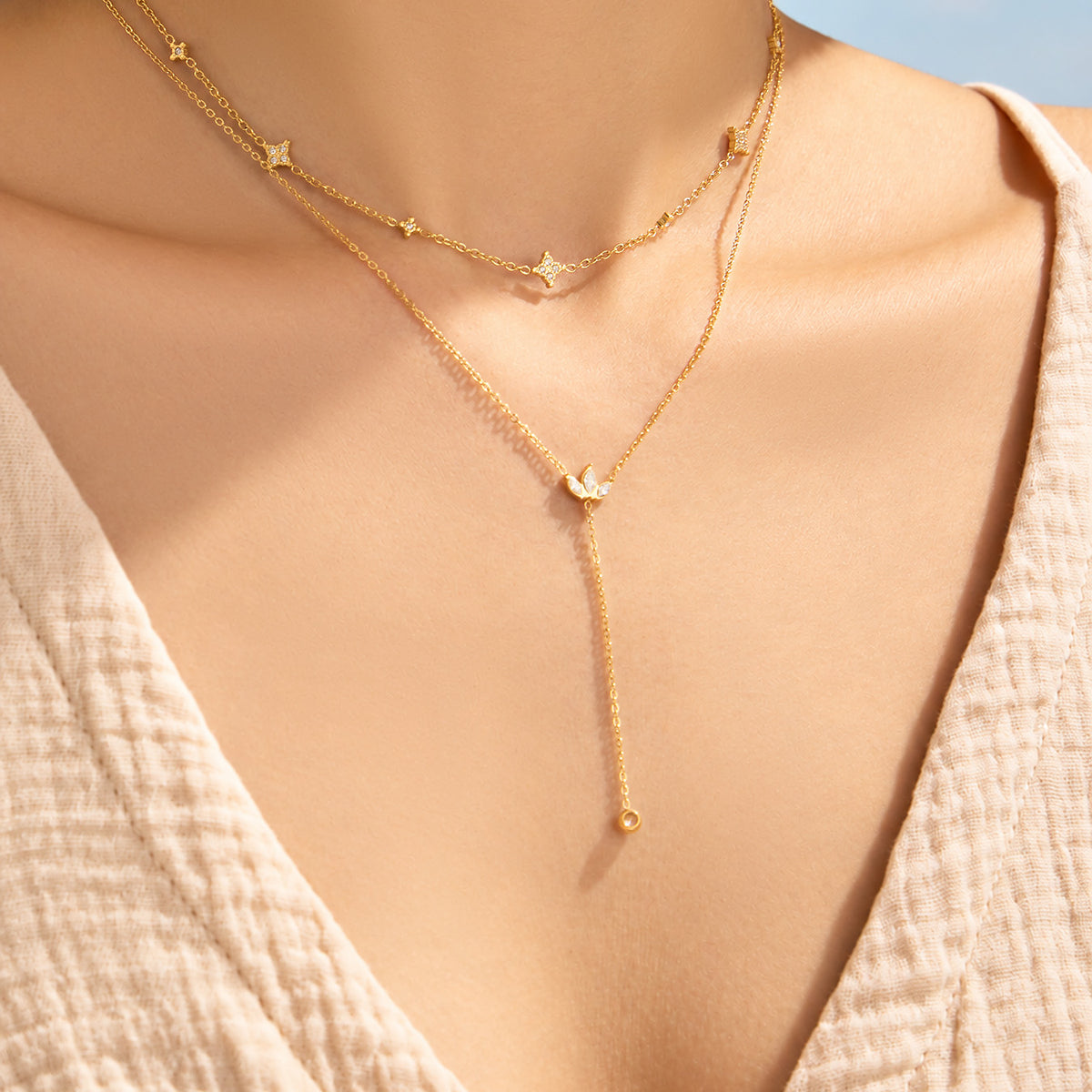 Close-up of the Zircon embellishments on Y-Shape Necklace