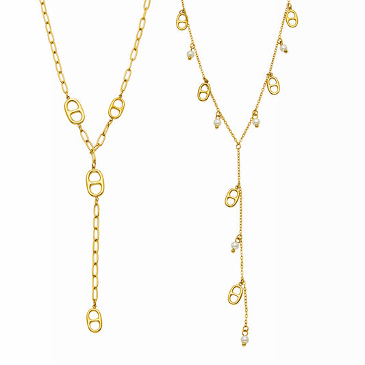 Geometric link and shell pearl Y lariat necklace variants in 316L stainless steel with 18K PVD gold finish