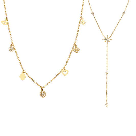 Close-up of zircon stones on the Y-shaped necklace