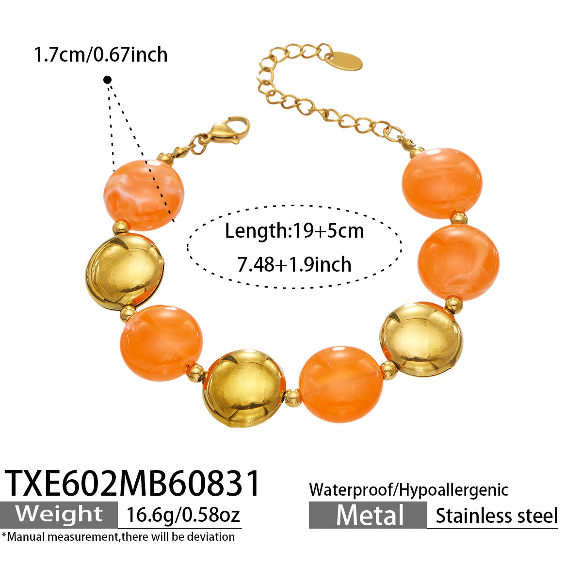 Yellow resin bead bracelet with gold-tone accents, product detail sheet with size and style information.