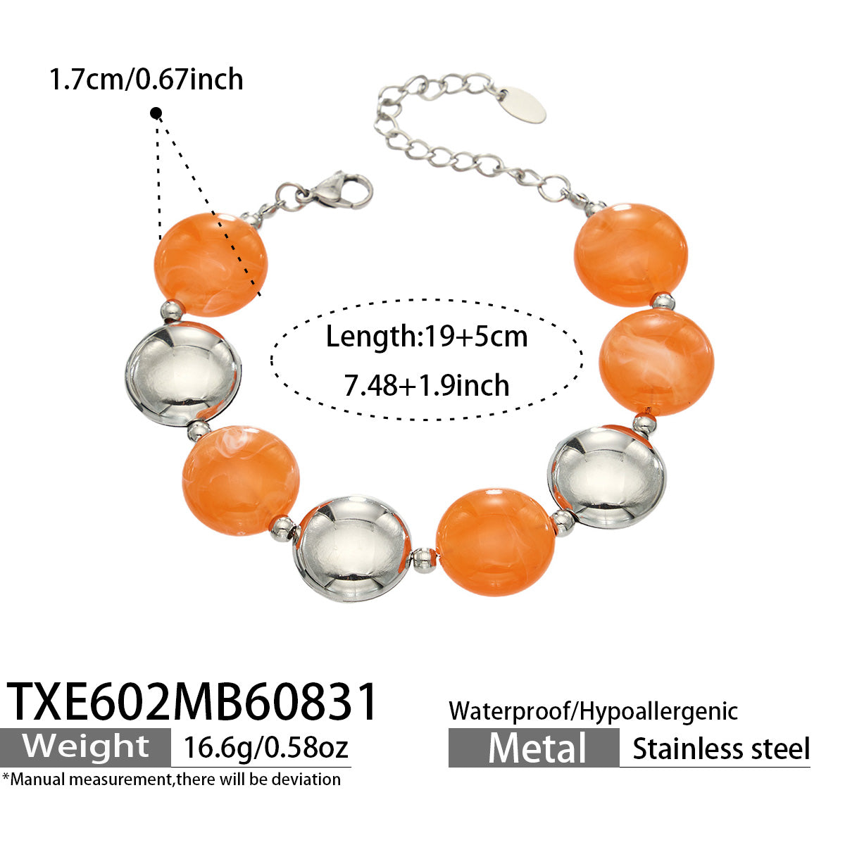 Yellow resin bead bracelet with steel-tone accents, product detail sheet with size and style information.