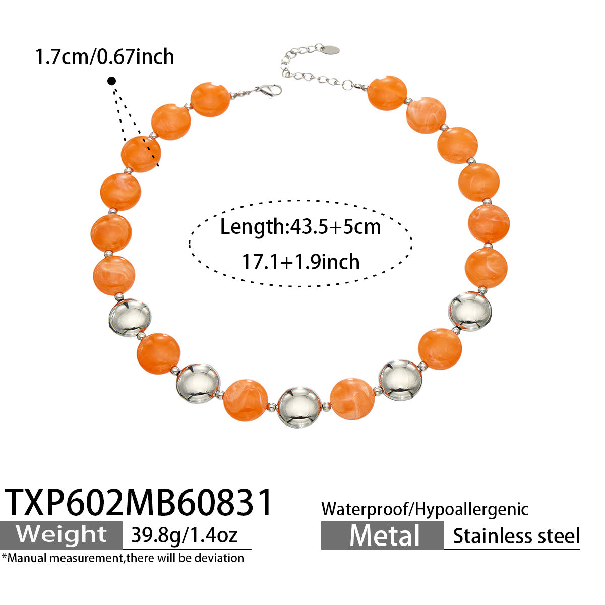 Yellow resin bead necklace with steel-tone accents, product detail sheet with size and style information.