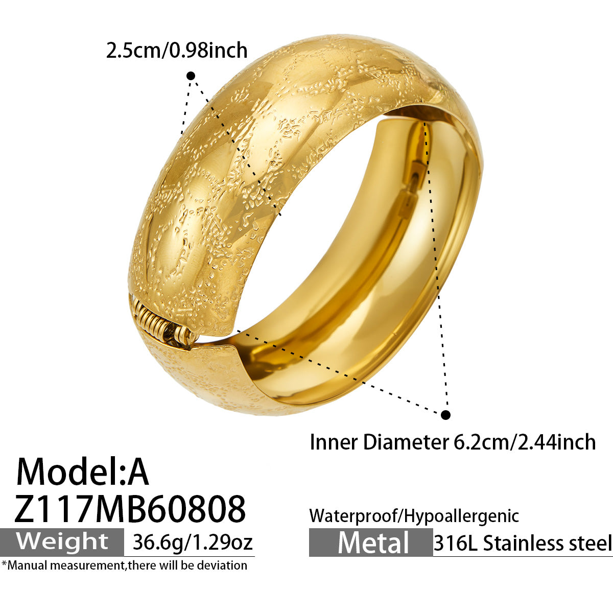 Z117 gold floral engraved wide bangle A size and detail guide
