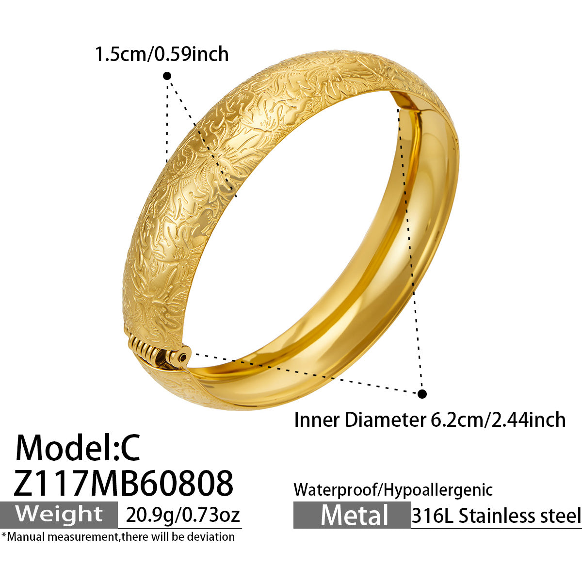 Z117 gold floral engraved wide bangle C size and detail guide