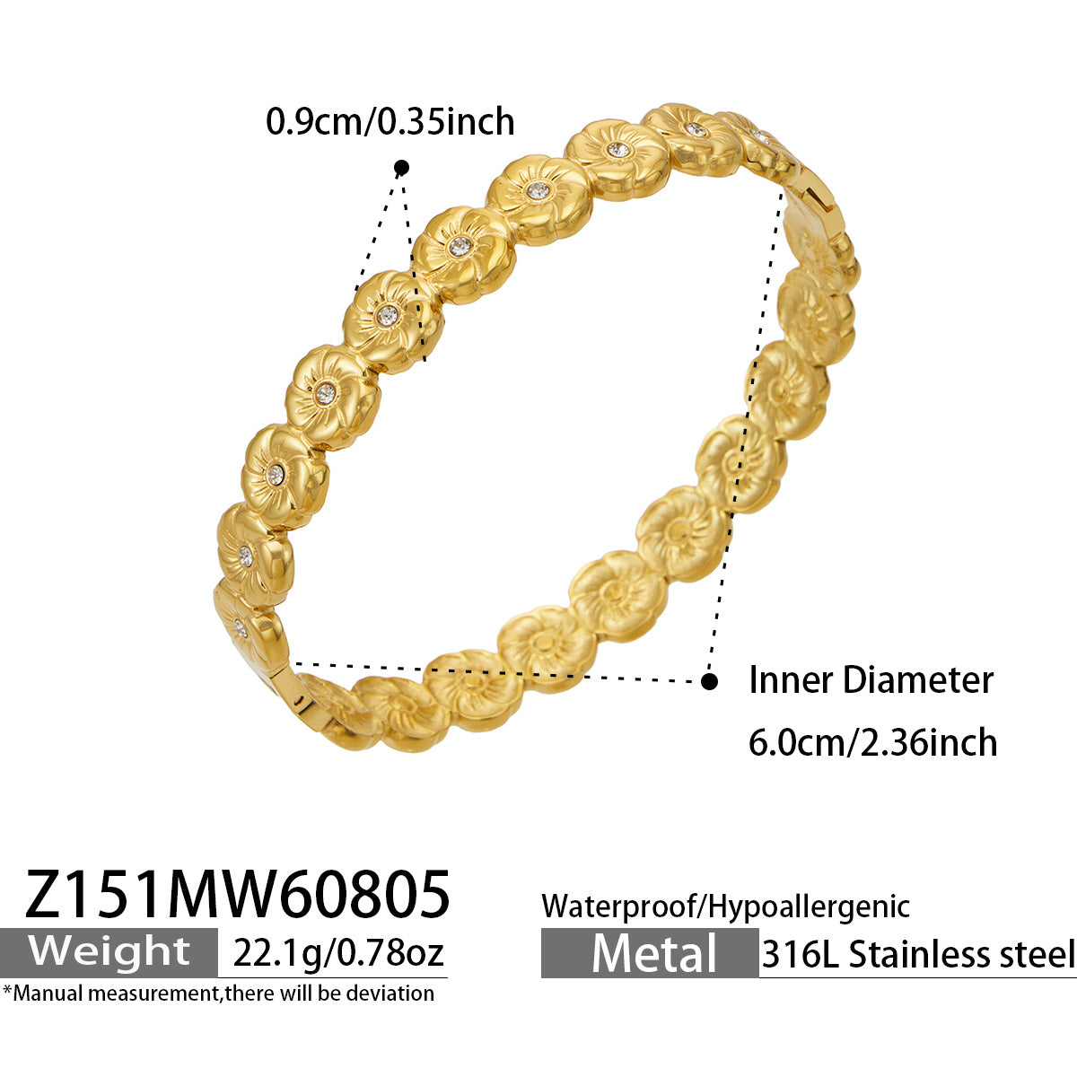 Z151 gold floral cubic zirconia hinged bangle size and product detail guide