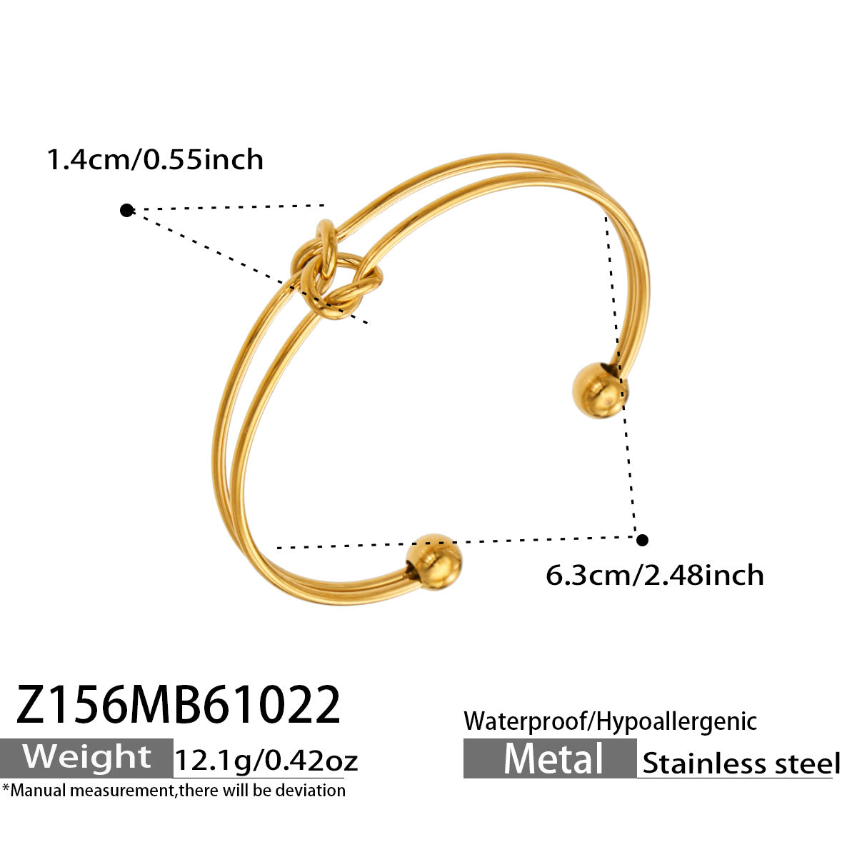 Z156 gold-tone double wire knot cuff bracelet with product specifications