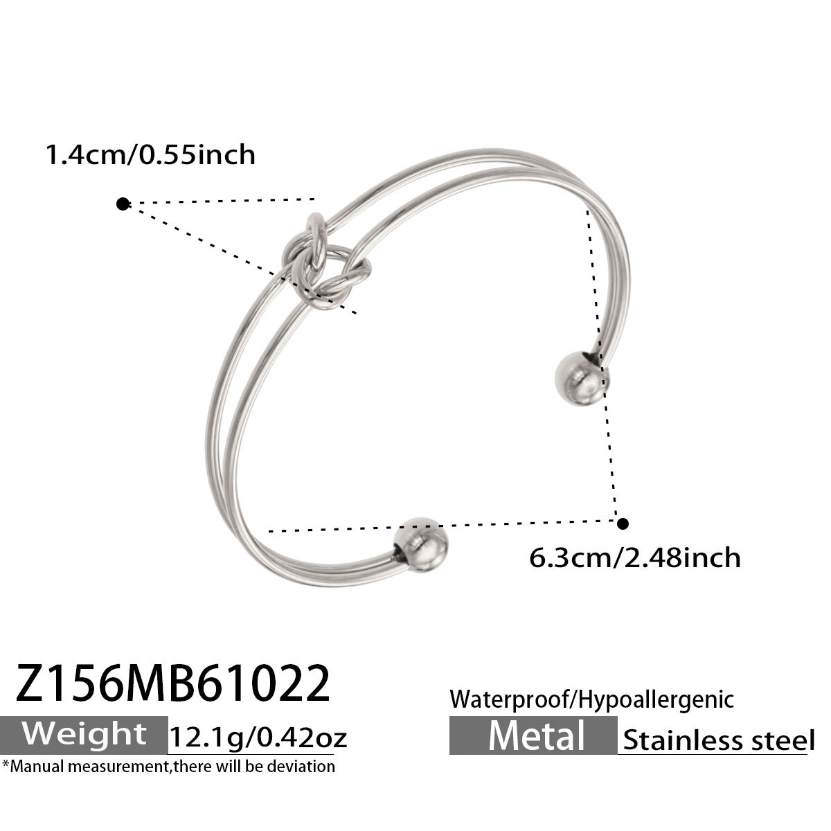 Z156 steel-tone double wire knot cuff bracelet with product specifications
