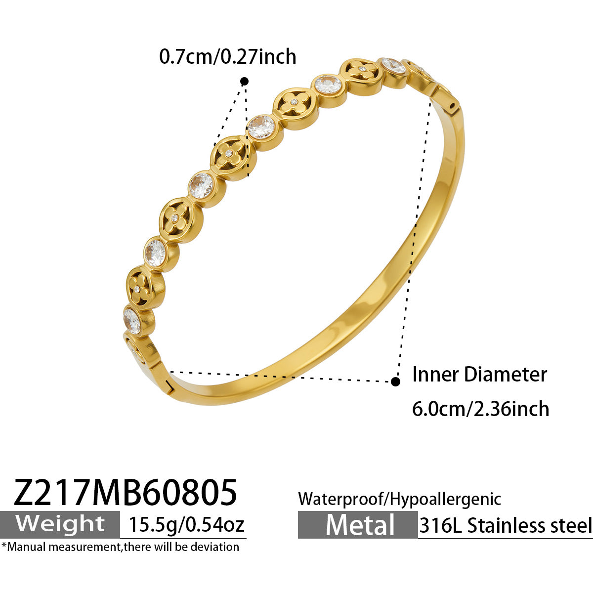 Z217 gold openwork flower hinged bangle size and product detail guide