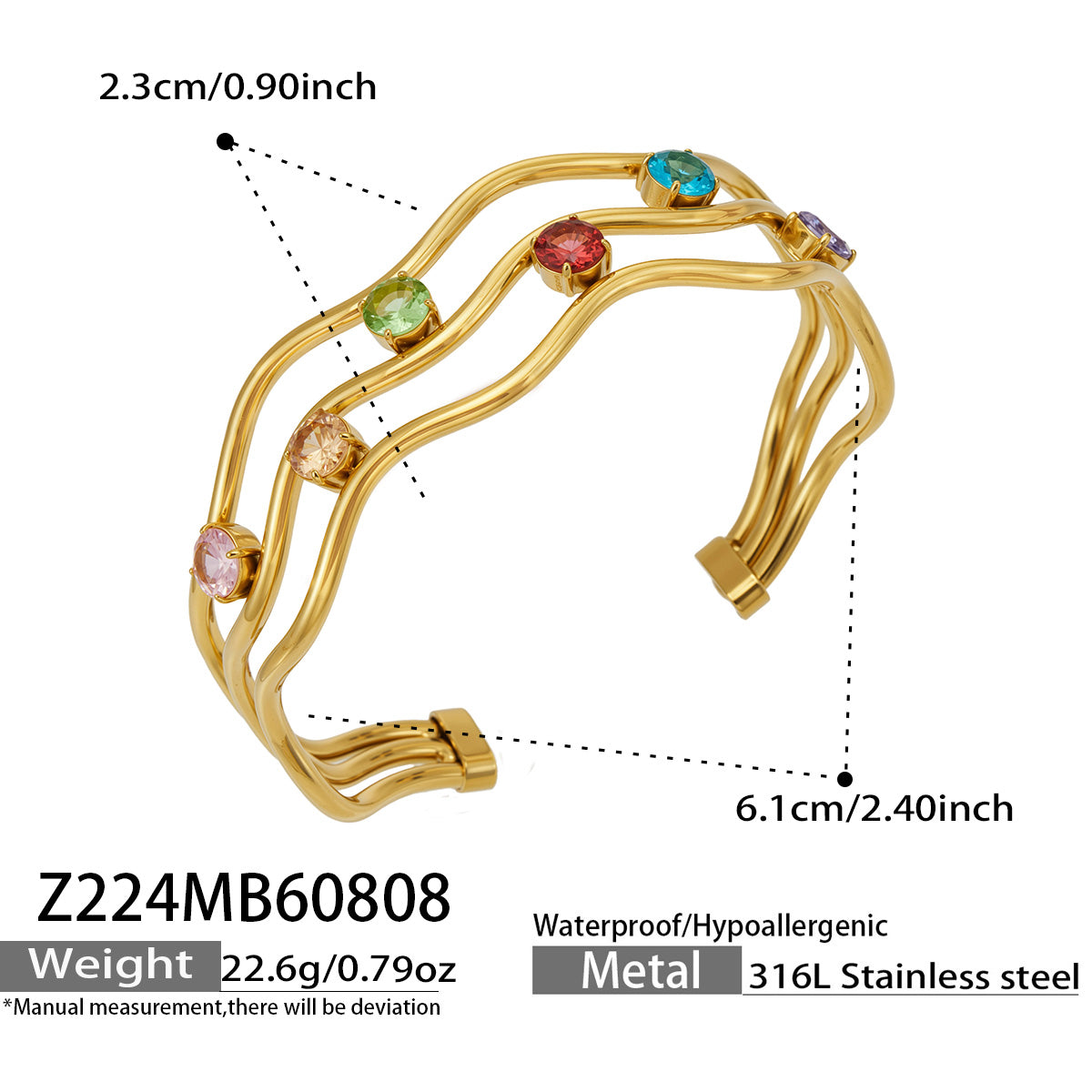 Z224 gold multicolor cubic zirconia open bangle size and detail guide