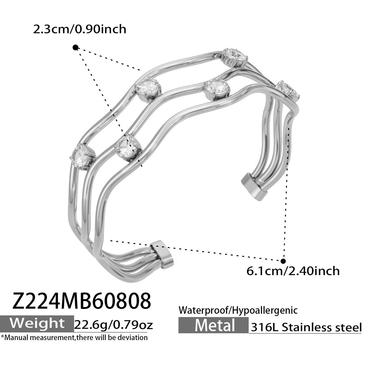 Z224 polished steel clear cubic zirconia open bangle size and detail guide
