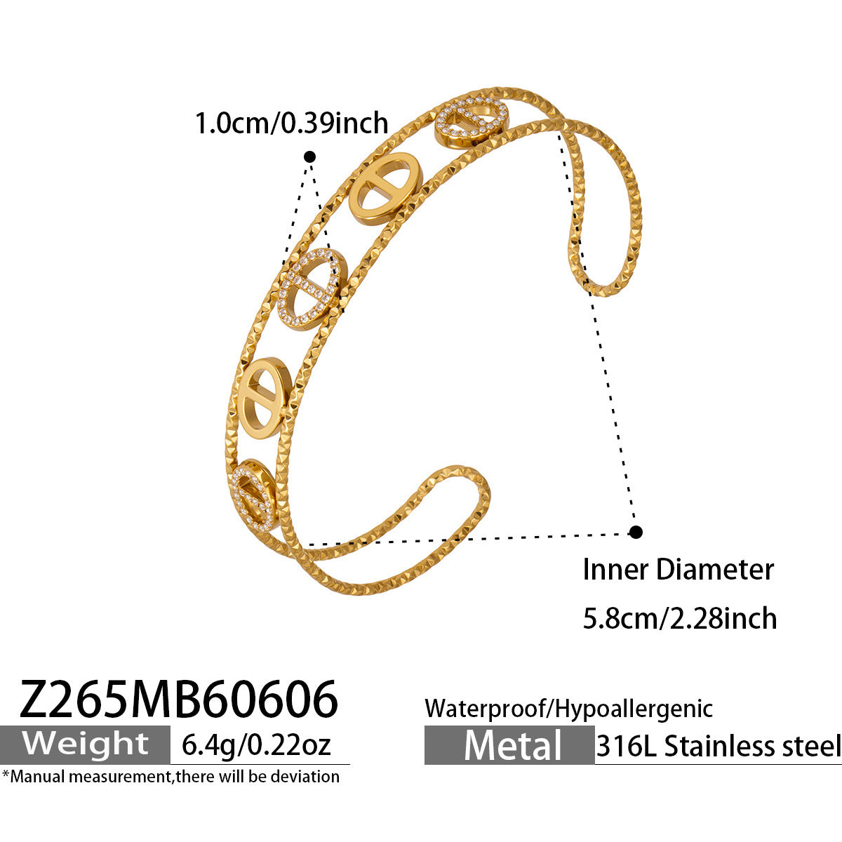 Z267 gold zircon bangle size card showing 5A zircon detail and 316L stainless steel material