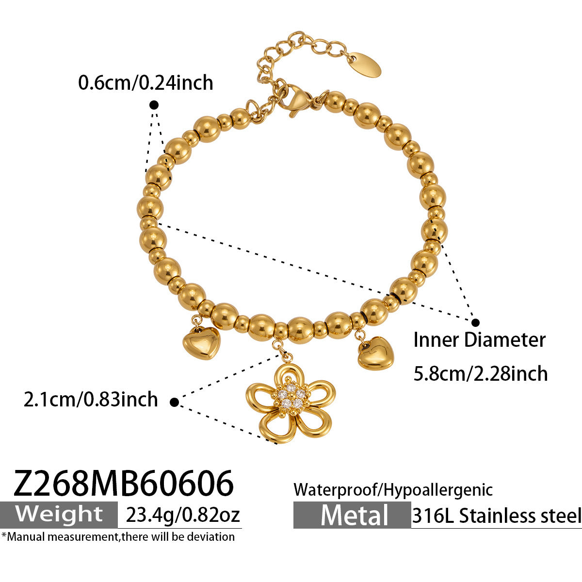 Z268 flower heart zircon bangle size card showing 5A zircon charm and 18K gold finish