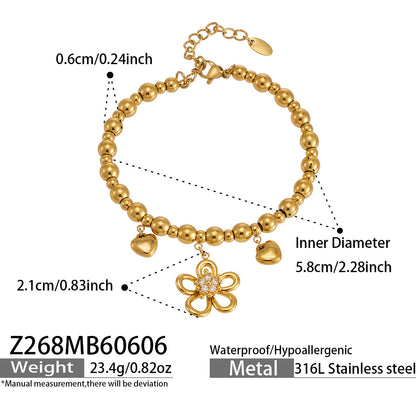 Z268 flower heart zircon bangle size card showing 5A zircon charm and 18K gold finish