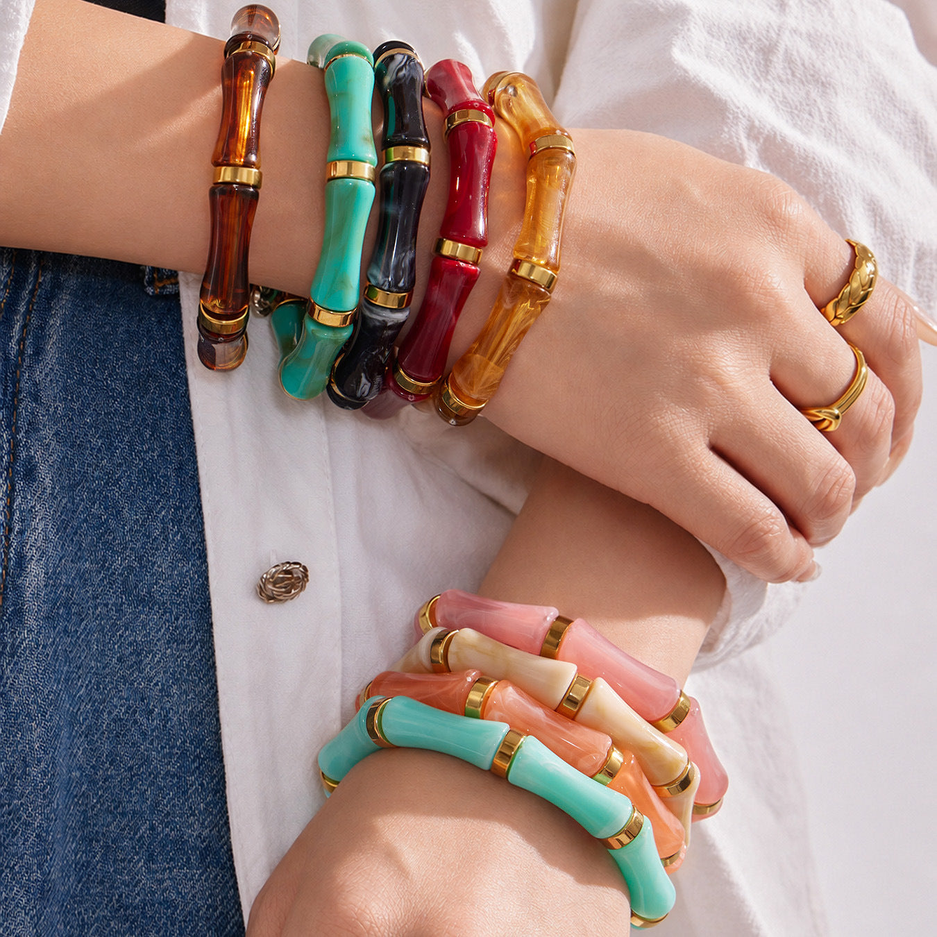 Z270 colorful resin bamboo bangle bracelet color options including white, pink, black, red, amber, orange, coffee and green
